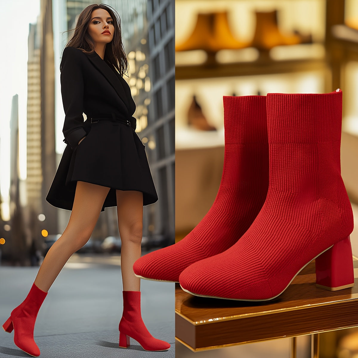 Women's Knitted Slip-On Boots with Chunky Heel and Point Toe