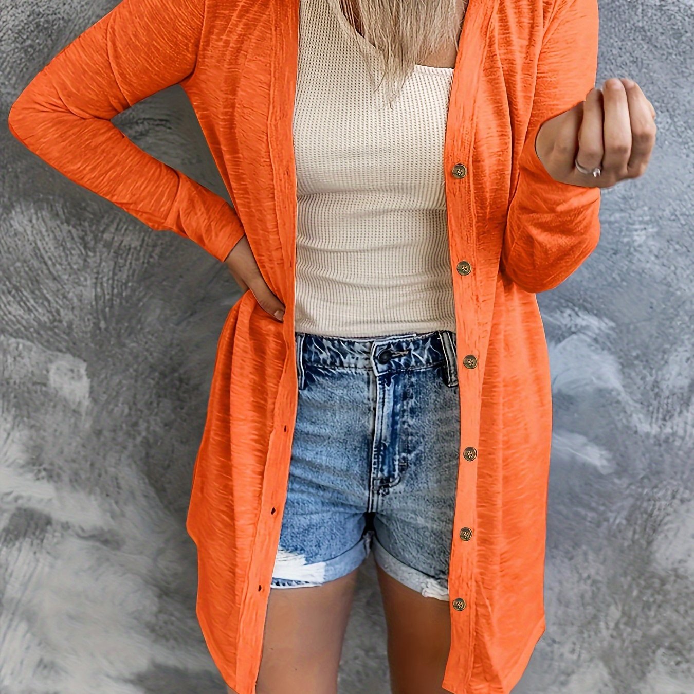 Plus Size Long Sleeve Knit Cardigan V-Neck Solid Color Fall Spring