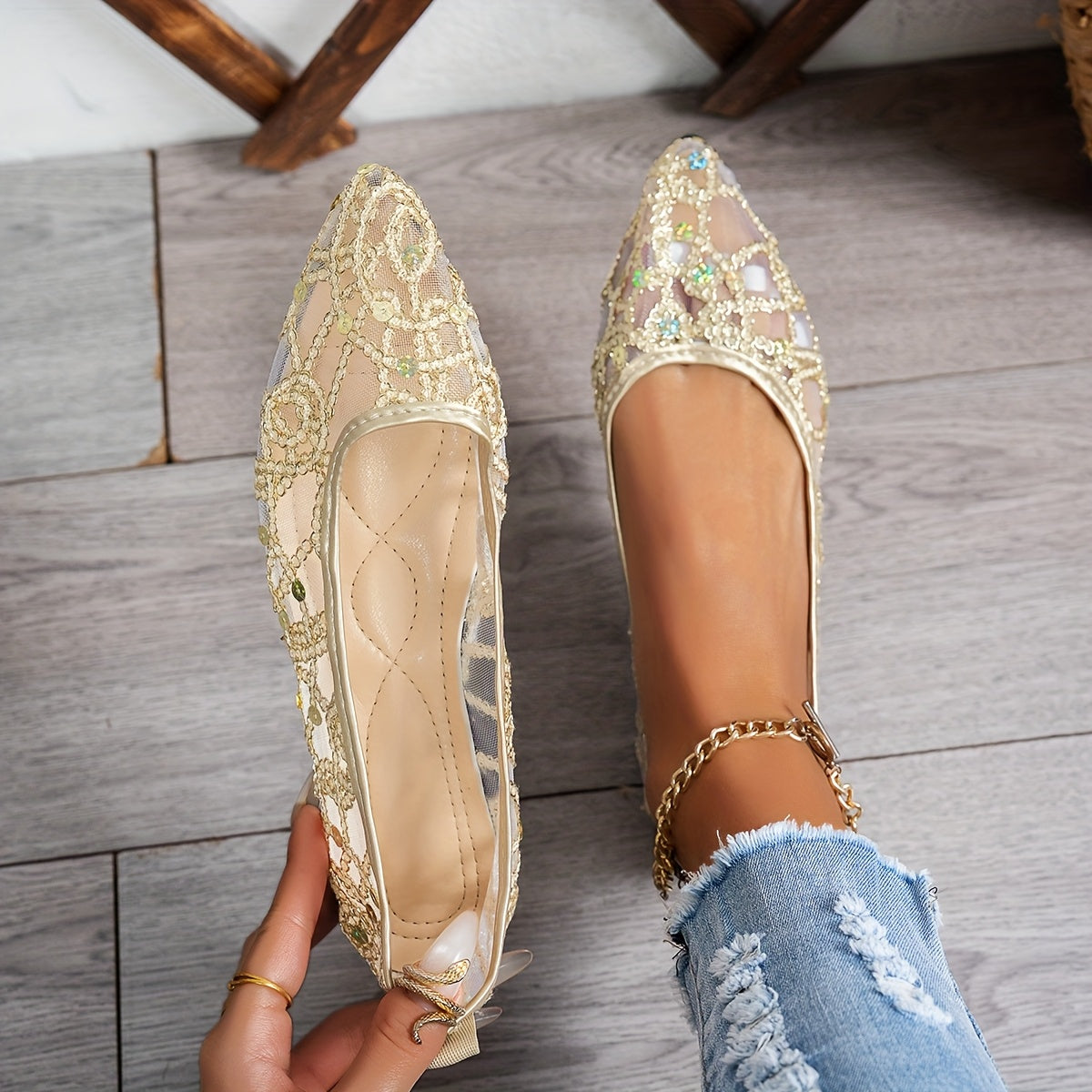 Ayollar uchun tarmoq balet tuflari, shampanli qimmatbaho toshlar bilan, nuqtali barmoqli, osongina kiyinadigan, partiyali va kundalik kiyim uchun
