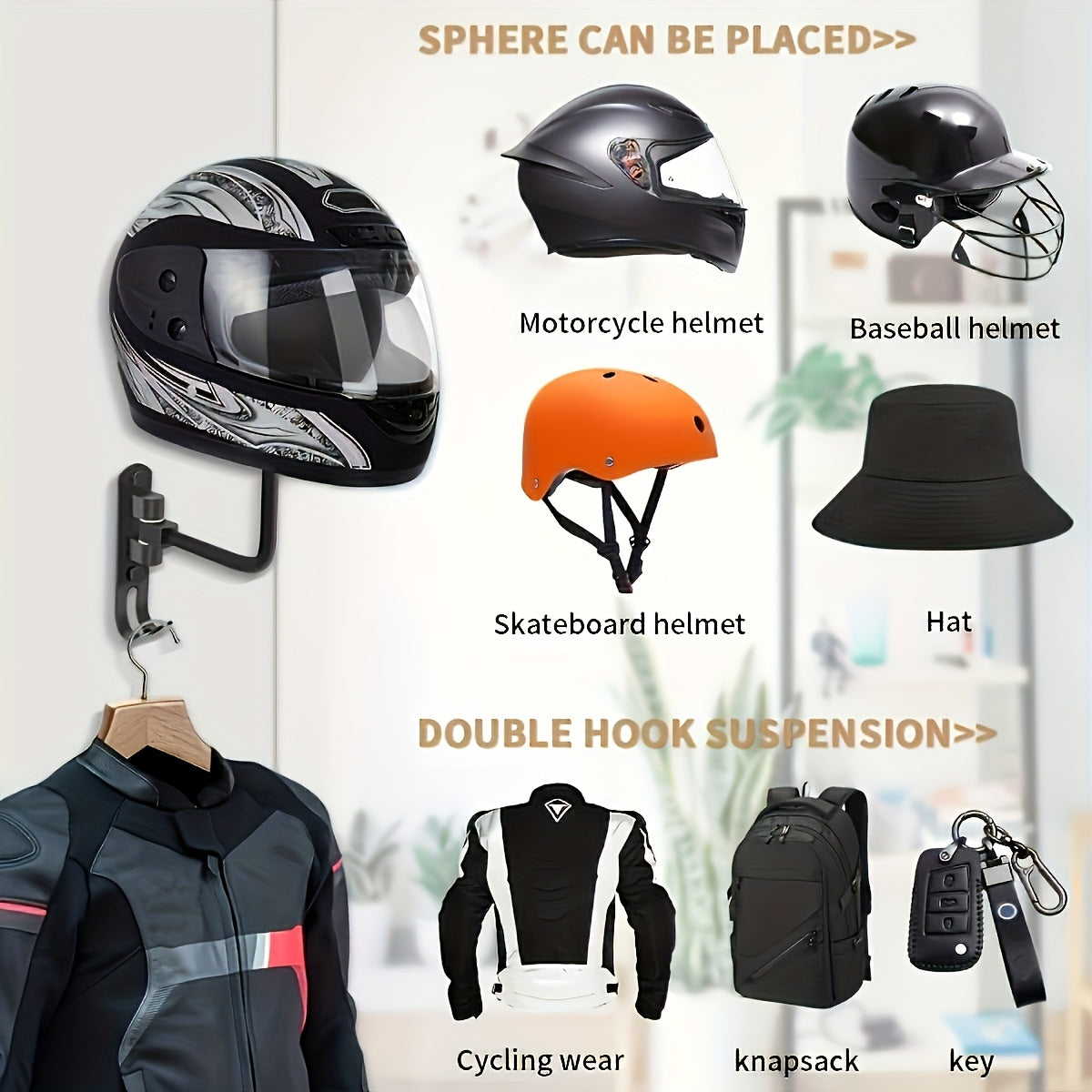 Motorcycle Helmet Rack Wall Mount Aluminum Alloy Heavy Duty Bike Helmet Holder