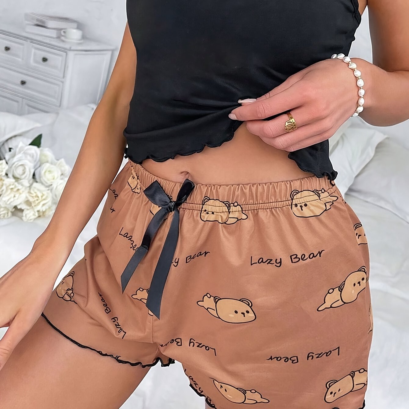 Women's Sleep Shorts with Bear Pattern, Frill Trim, Bow Tie, Polyester, Cute