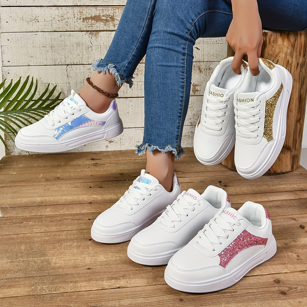 Women's Sequin Casual Sneakers Lace Up Lightweight Glitter Low-Top Shoes