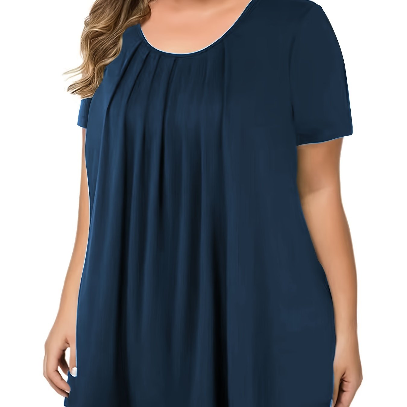Plus Size Women's Loose Fit Crew Neck Top with Ruched Bust Polyester Knit All Season