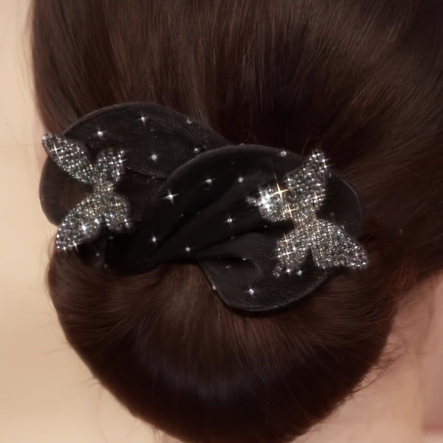 Creador de moño para cabello con lazo negro de inspiración vintage con piedras de rhinestone y lentejuelas para mujeres y niñas