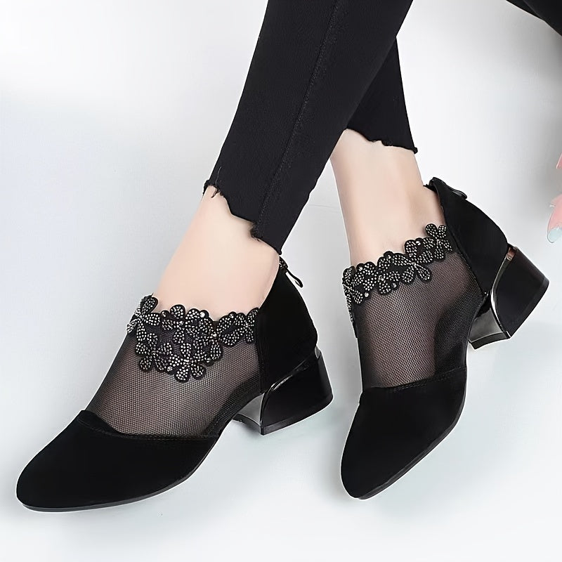 Women's Mesh Rhinestone Block Heel Zipper Dress Shoes