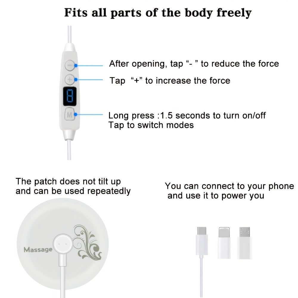 USB quvvatlangan ko'chma massajer, displey bilan, 8 ta intensivlik darajasi va 6 ta rejim, qo'llar/ort/oyoqlar uchun 3 juft jel plastinkalar bilan, telefon uchun Type-C ulanishi, sayohat uchun qulay, mukammal sovg'a uchun