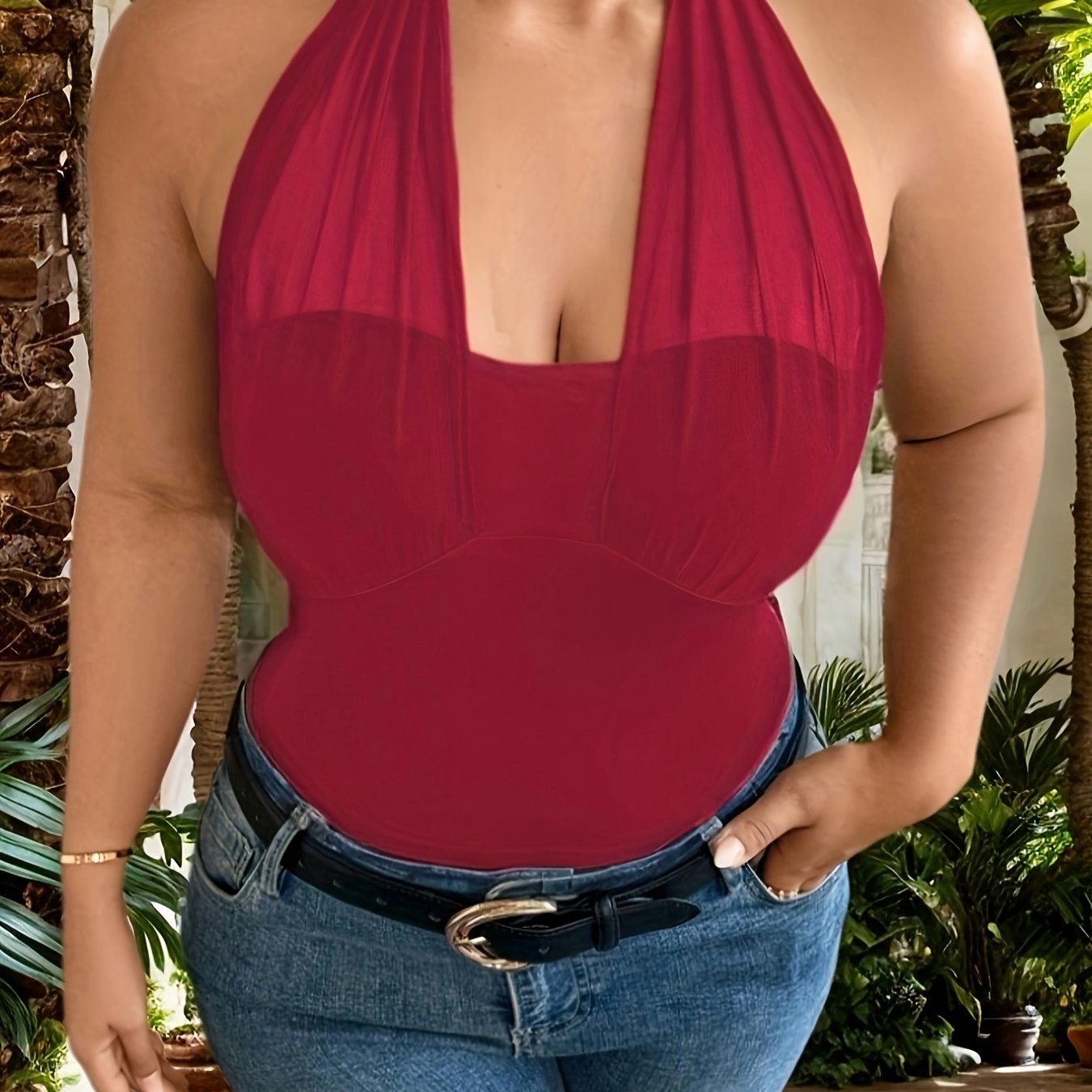 Женская блузка большого размера из сетки с халтером, черная, с переплетающимся узлом спереди, стильная вечерняя