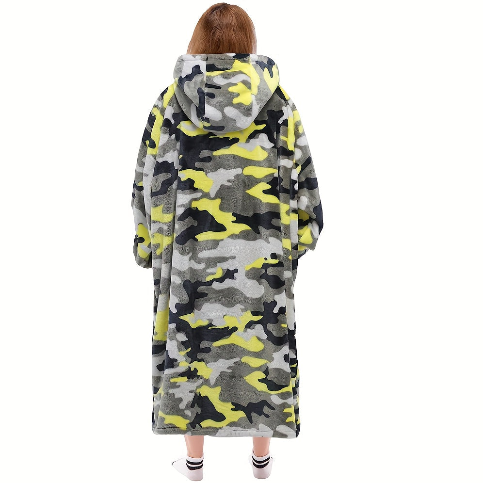 Oversized Red and Black Flannel Hoodie Blanket with Reindeer Antlers for Men and Women