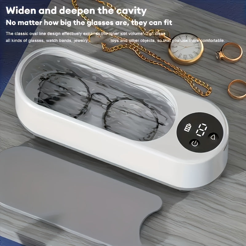 Portable USB Rechargeable Eyeglass and Jewelry Cleaner with Digital Display White Gray