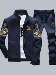 Men's Athletic Set with Stand Collar Zip-Up Jacket and Elastic Waist Joggers in Black and Gold Floral Pattern