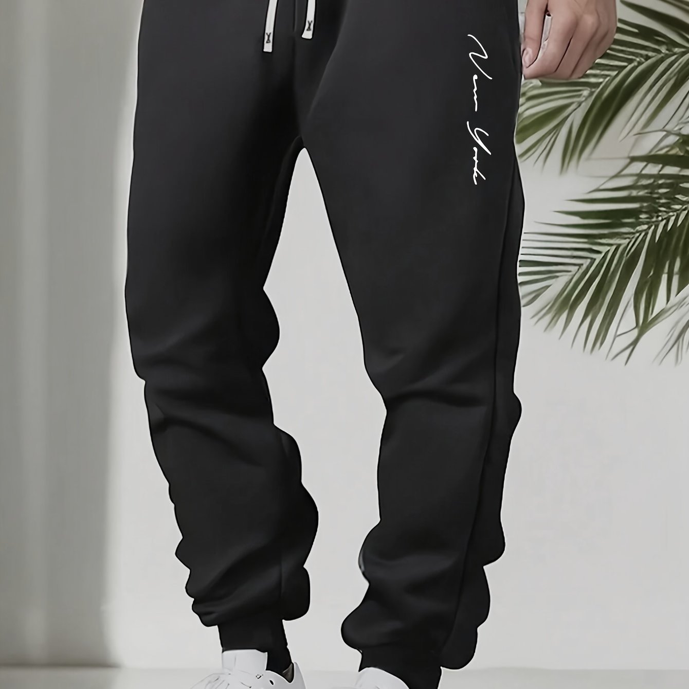 Men's Plus Size Fleece-Lined Casual Joggers with English Print Drawstring Fall Winter