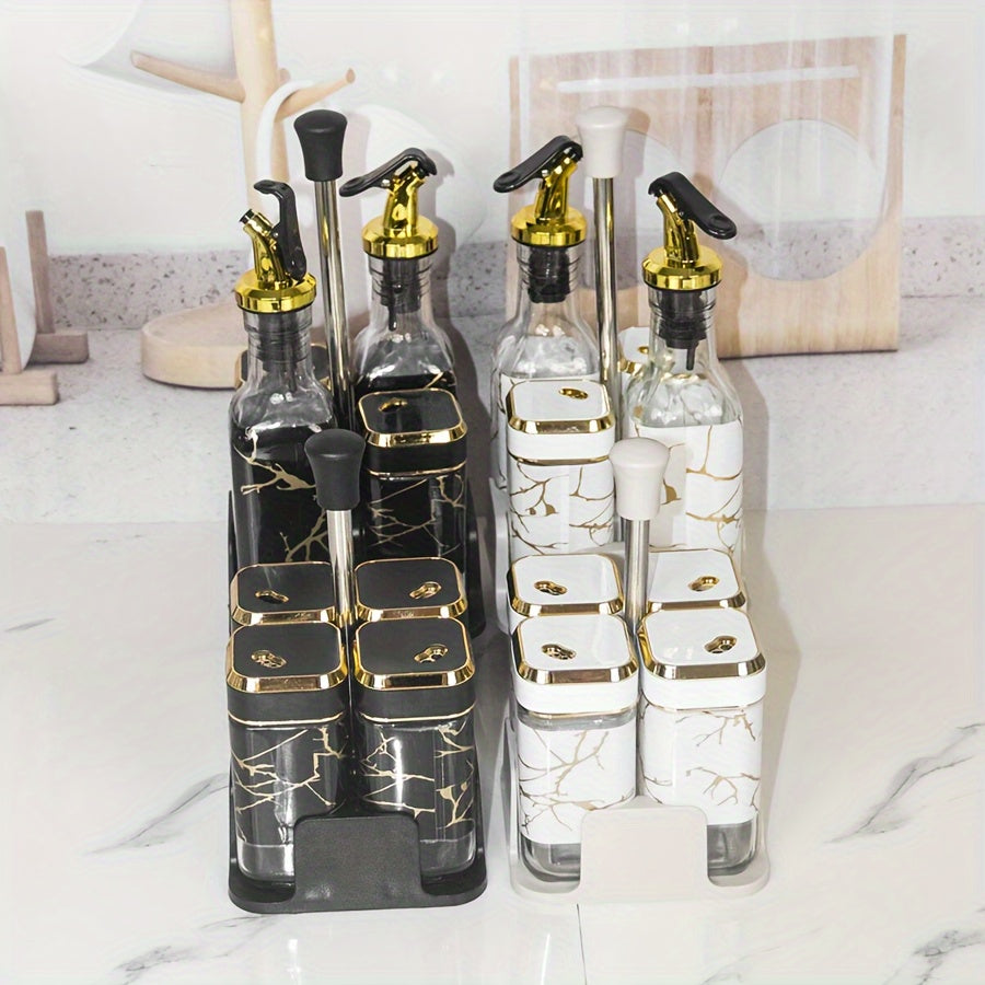Glass Oil and Vinegar Dispenser Set with Salt and Pepper Shakers and Marble Stand