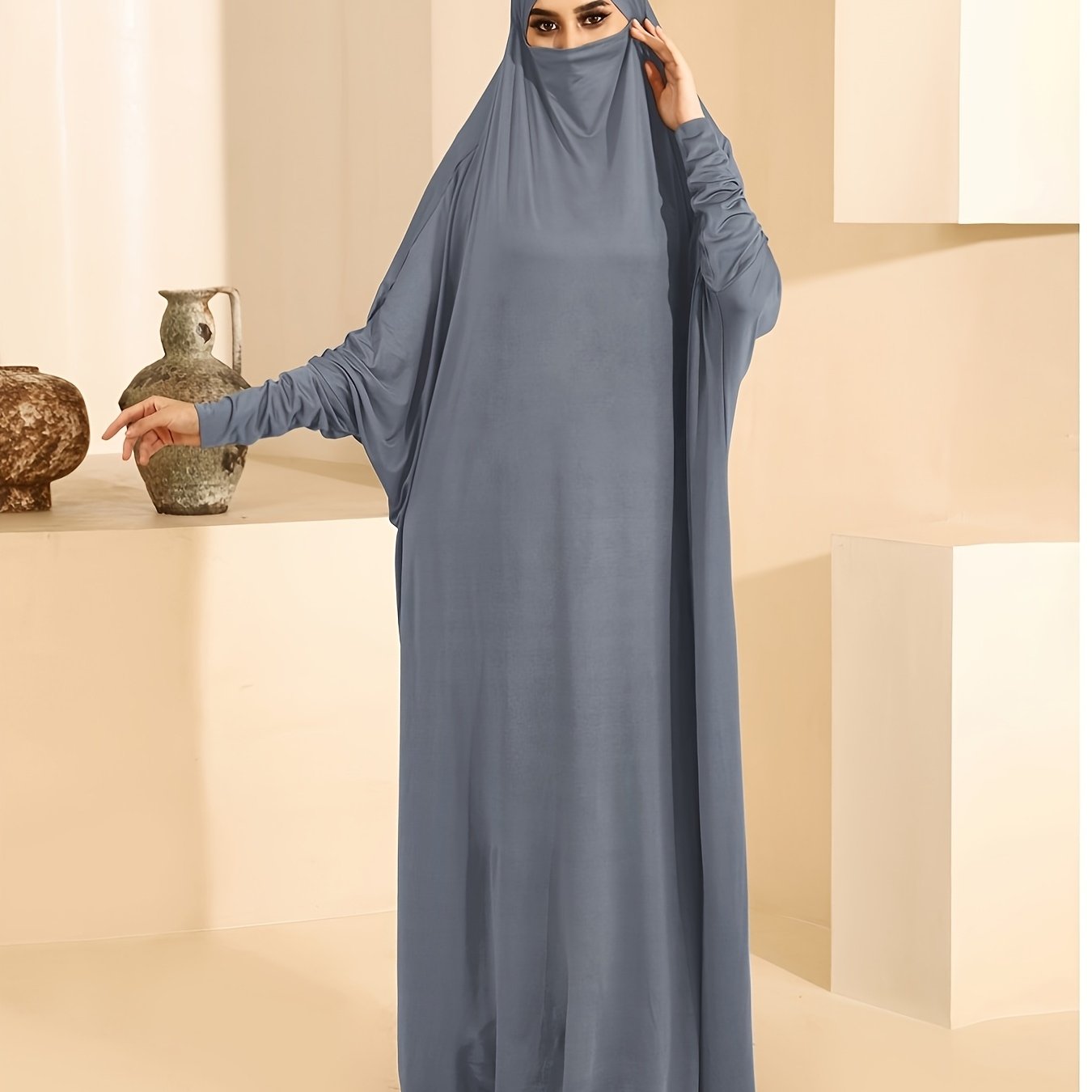 Plus Size Women Jersey Ramadan Abaya Batwing Sleeve Solid Color Islamic Dress