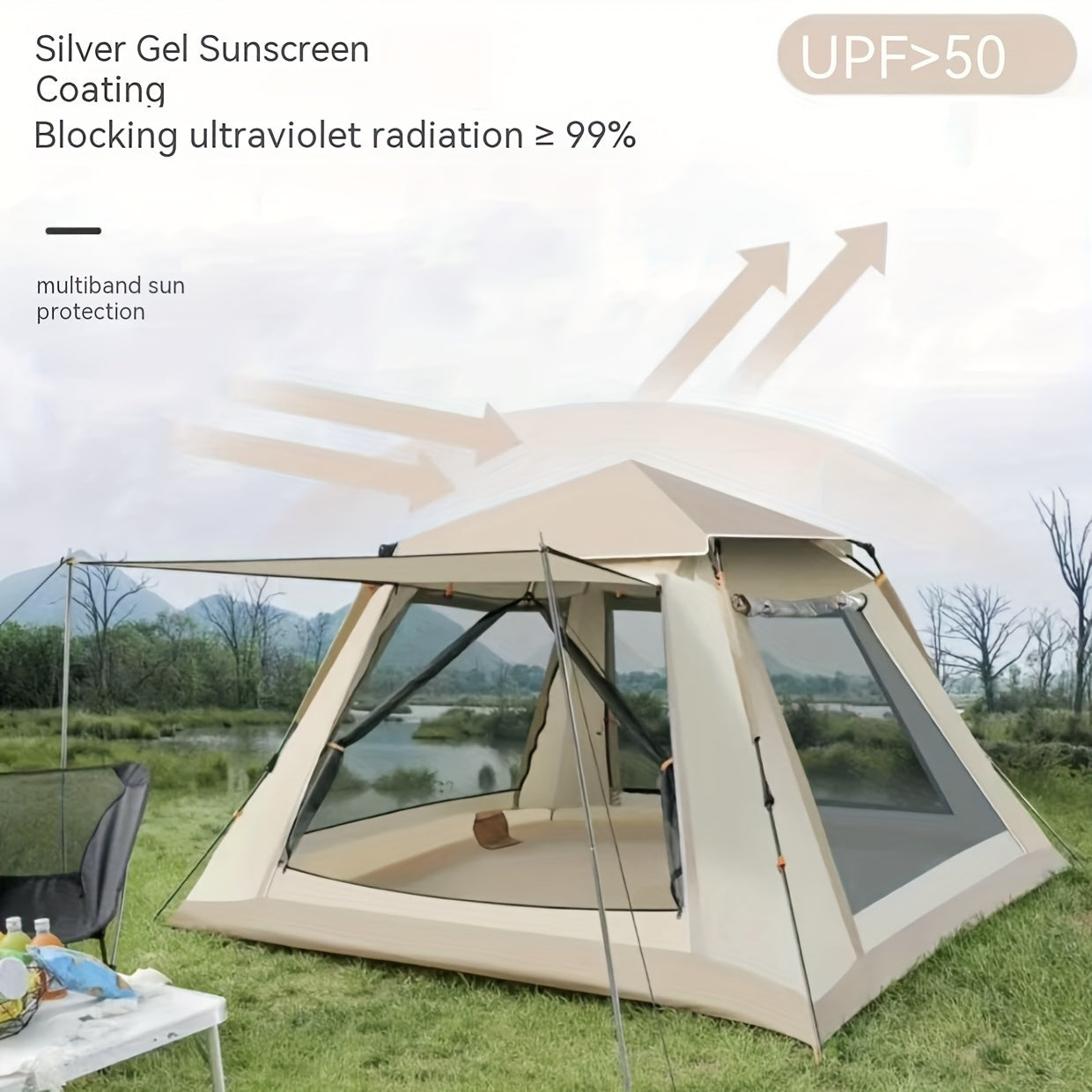 8-Person Family Camping Tent with Canopy Mosquito Net Windproof All-Season Beige UV Protection