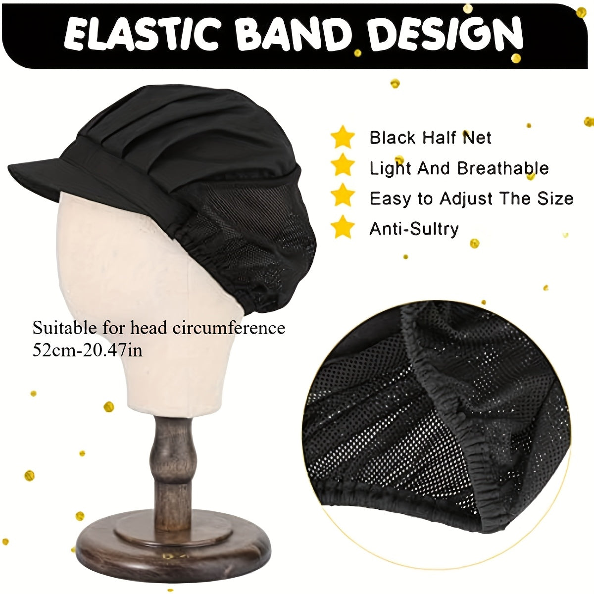 Qora sozlanadigan tarmoqli nafas oladigan ish shlyapasi, ayollar uchun oshxona pishirish uchun soch tarmog'i