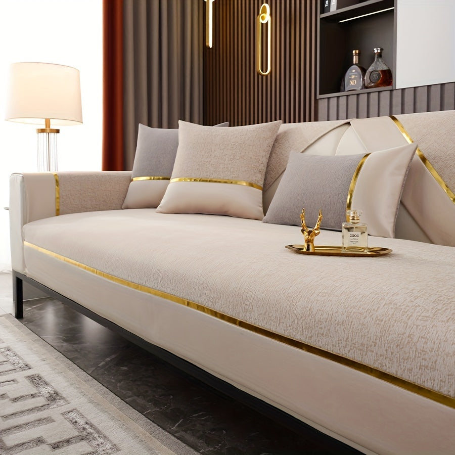 Chenille divan qopqog'i, sirpanmaydigan, oltin chekka, yashash xonasida mebellarni himoya qiladi