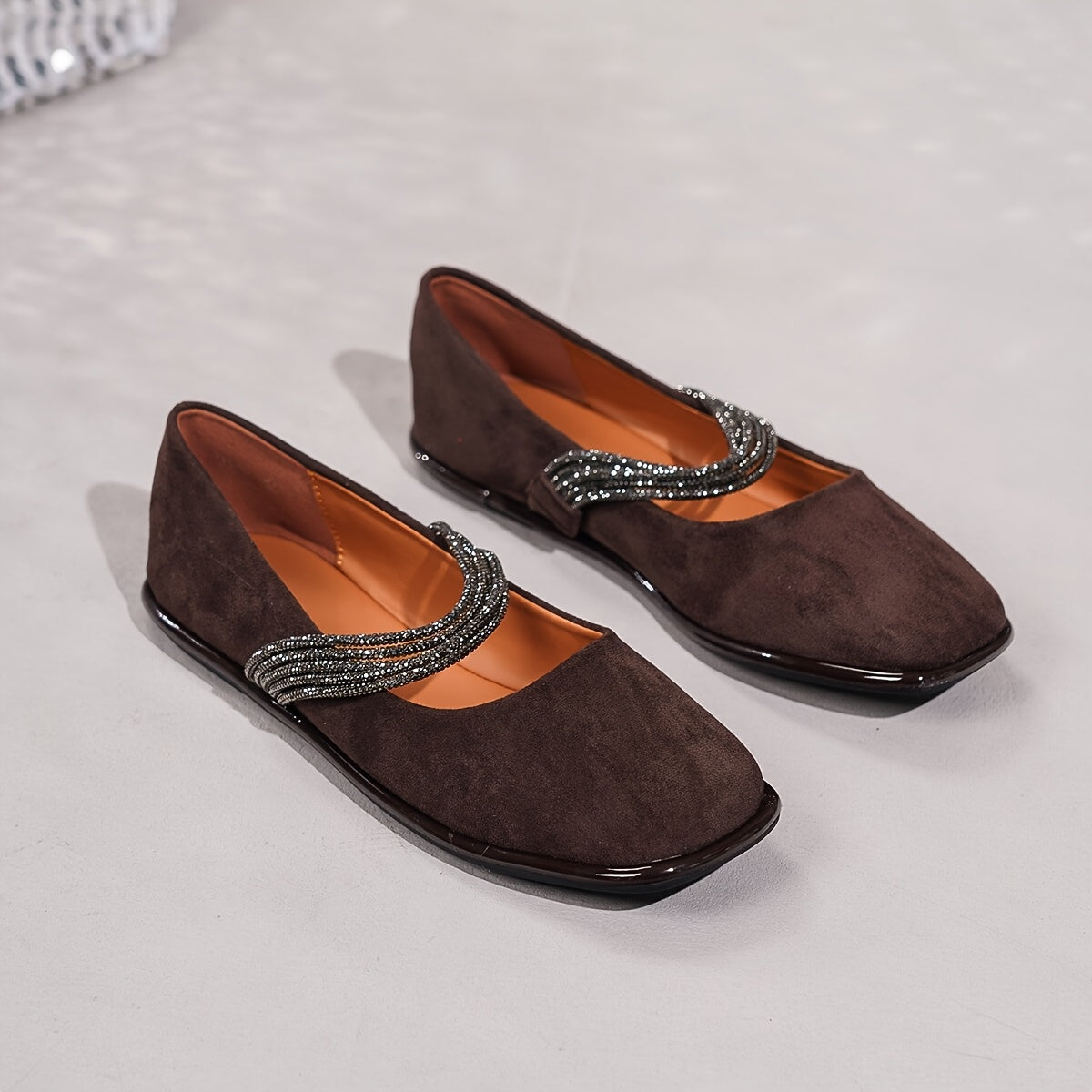 Women's Brown Flats with Rhinestone Straps Comfortable Round Toe