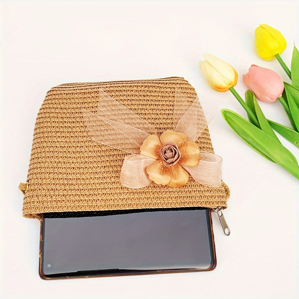 Women's Straw Hat and Pouch Set with Floral Accents for Outdoor and Vacation Use