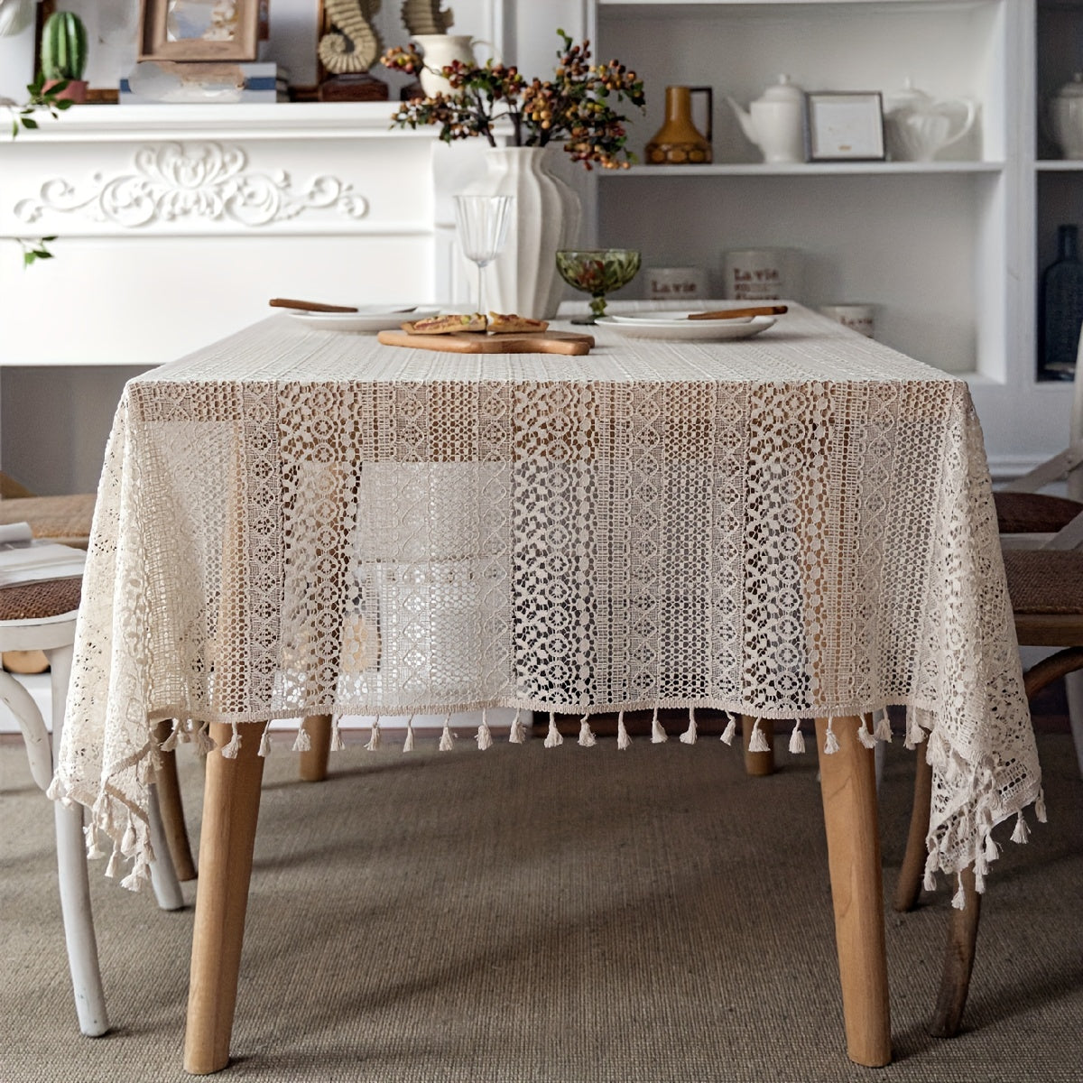 Bohemian Crochet Lace Rectangular Tablecloth for Dining and Parties Polyester Farmhouse Style
