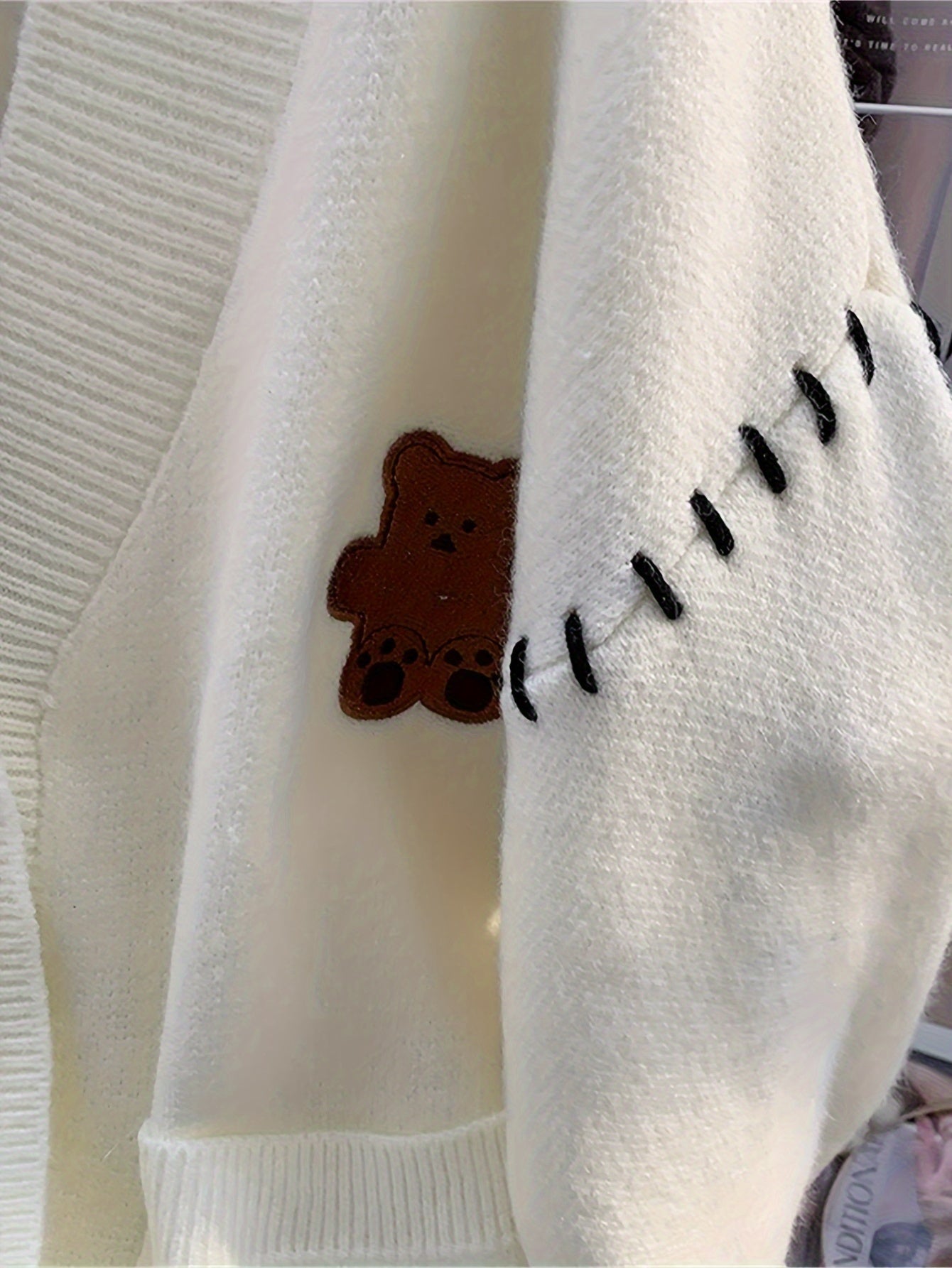 Women's V-Neck Knit Cardigan Contrast Color Teddy Bear Button All-Season