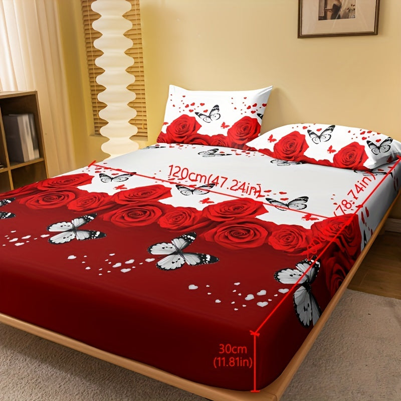 Red Rose Print Fitted Sheet Deep Pocket Mattress Protector Bedding