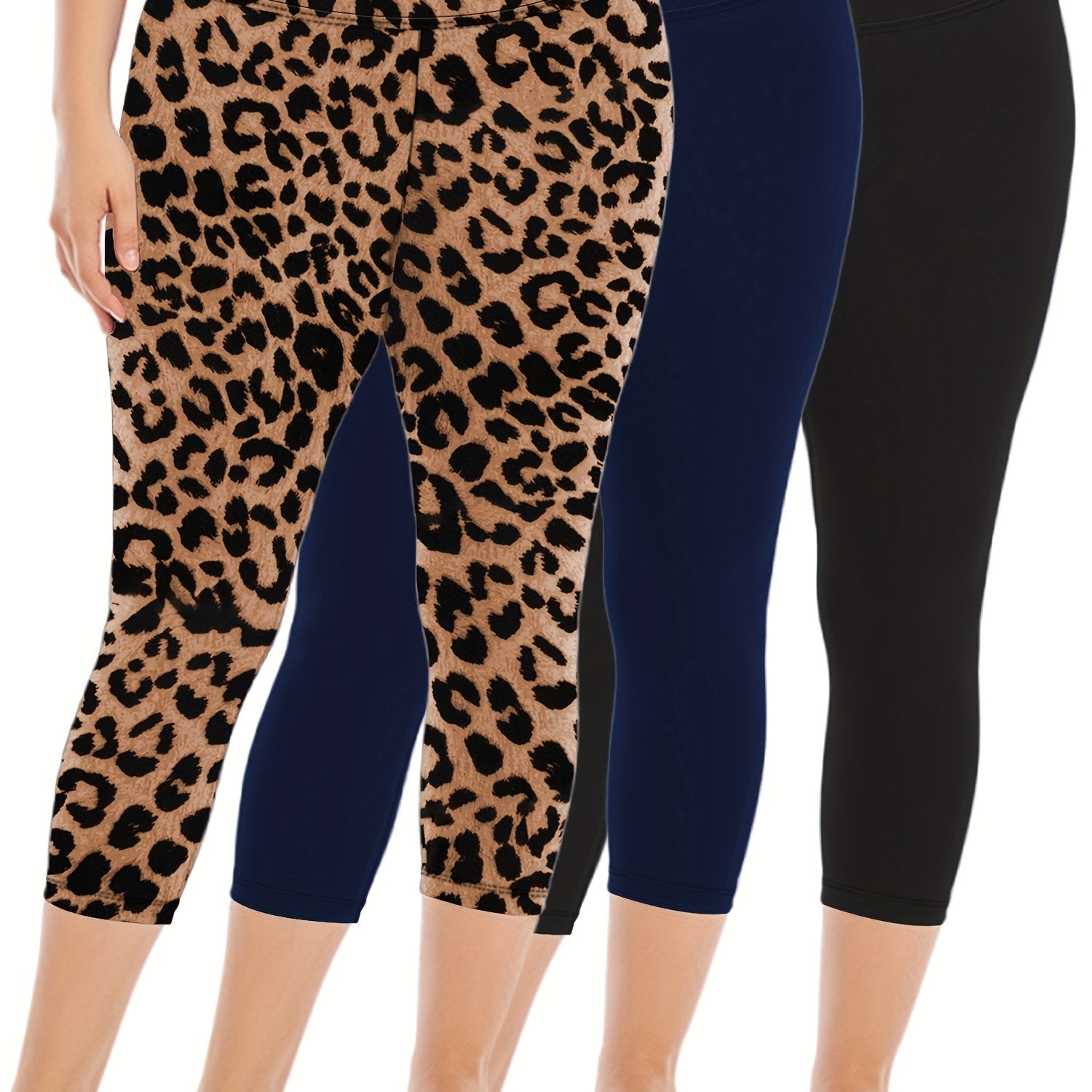 Plus Size High-Waist Capri Leggings Stretch Polyester Elastane Solid Color 3 Pack