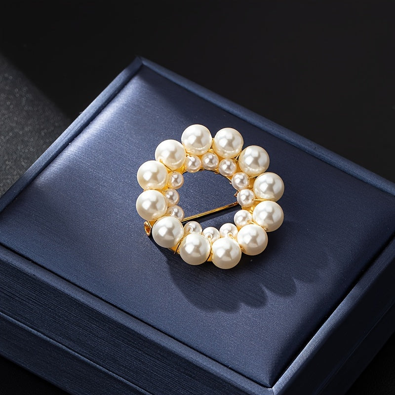 Women's Double Round Glass Pearl Brooch in 18K Gold Plating Elegant Jewelry