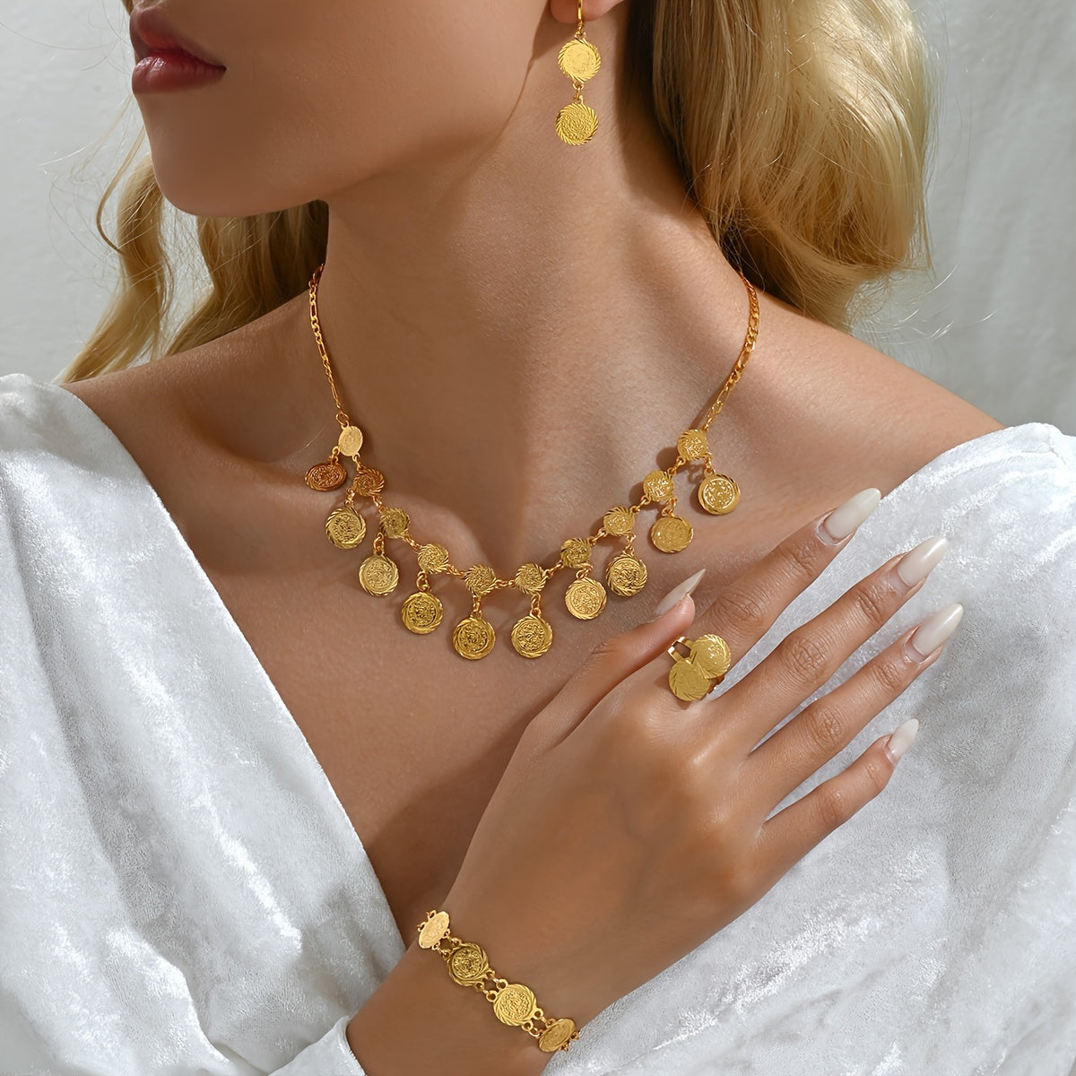 Ayollar uchun zamonaviy 5 qismli Ramazon zargarlik to'plami - Mis tangalaridan yasalgan marjon, bilaguzuk, sirg'alar va uzuk - To'ylar va sovg'a berish uchun ideal, Islom ilhomlangan aksessuarlar