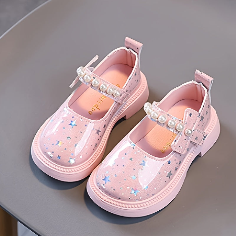 Zapatillas rosas de perla para niñas con patrón de estrellas brillantes para uso diario