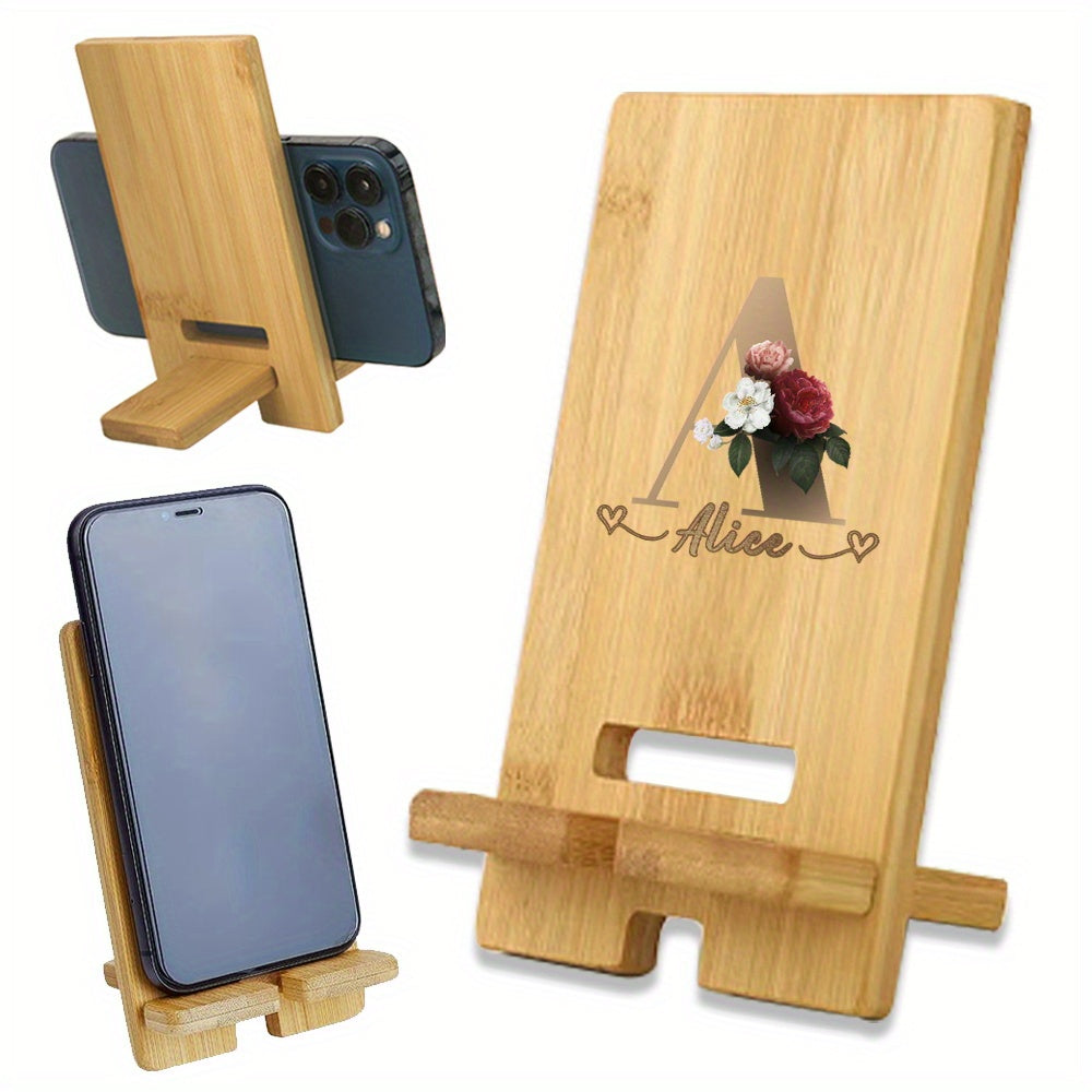 Customized Wooden Phone Stand with Detachable Desk Holder and Engraved Name in Light Brown Cork