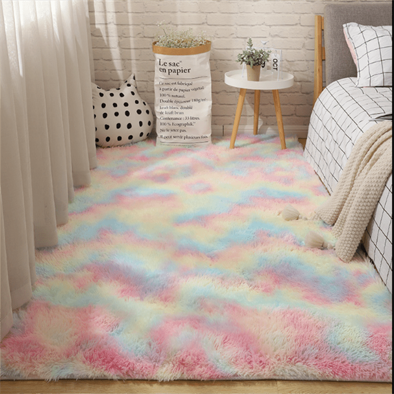 Alfombra de felpa ultra suave con teñido tie-dye para dormitorio o sala de estar, lavable a máquina