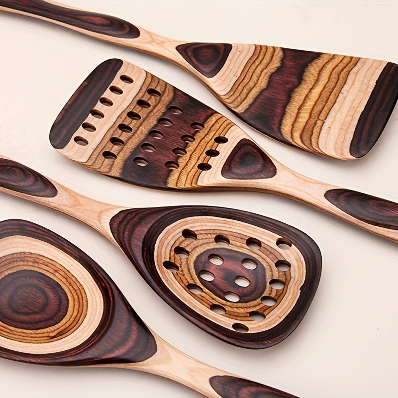 Yog'ochdan yasalgan oshxona asboblari to'plami, Pakkawood qoshig'i va turli oshxona asboblari bilan, ommaviy xarid qilish uchun mavjud.