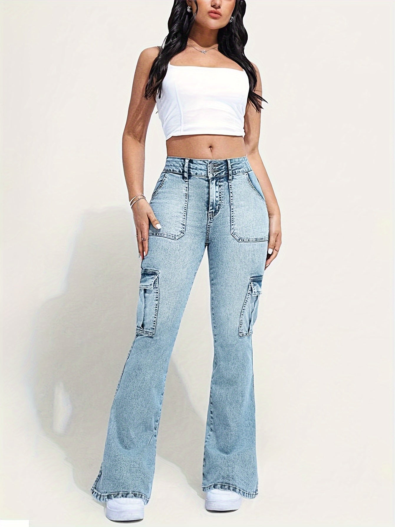 Women's Plus Size Washed Cargo Jeans With Flap Pockets, Stretchy, Mid-Rise