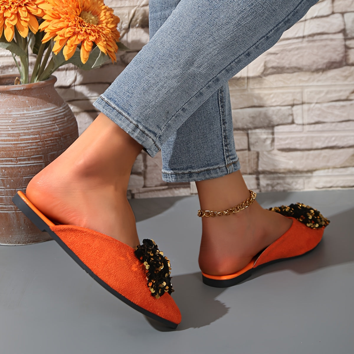 Zapatos planos de punta con lazo para mujer con parte superior de tela y suela de goma