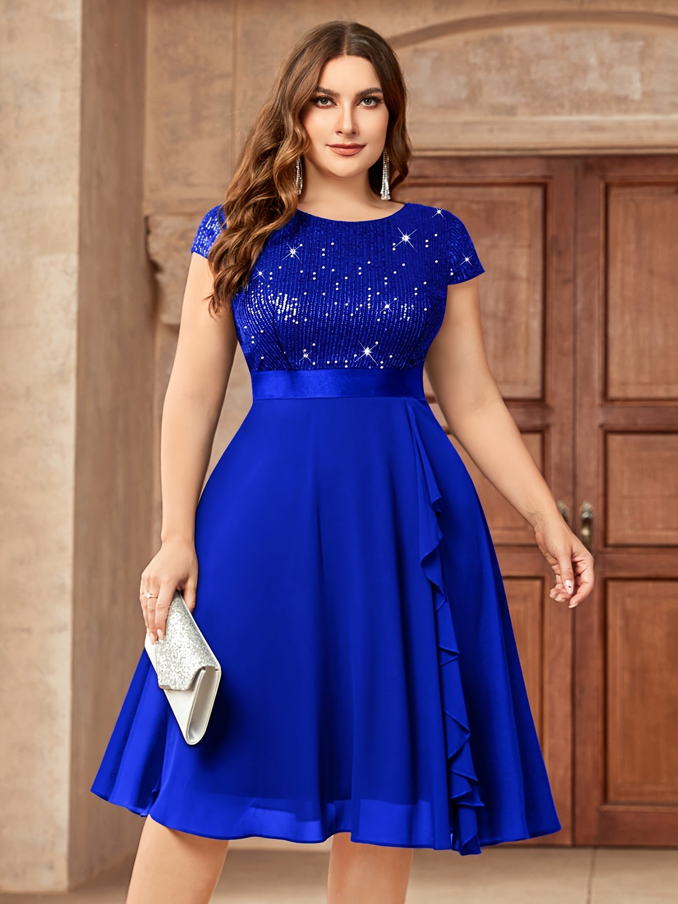 Plus Size Women's Sequin Dress with Ruffle Short Sleeve Party Wear