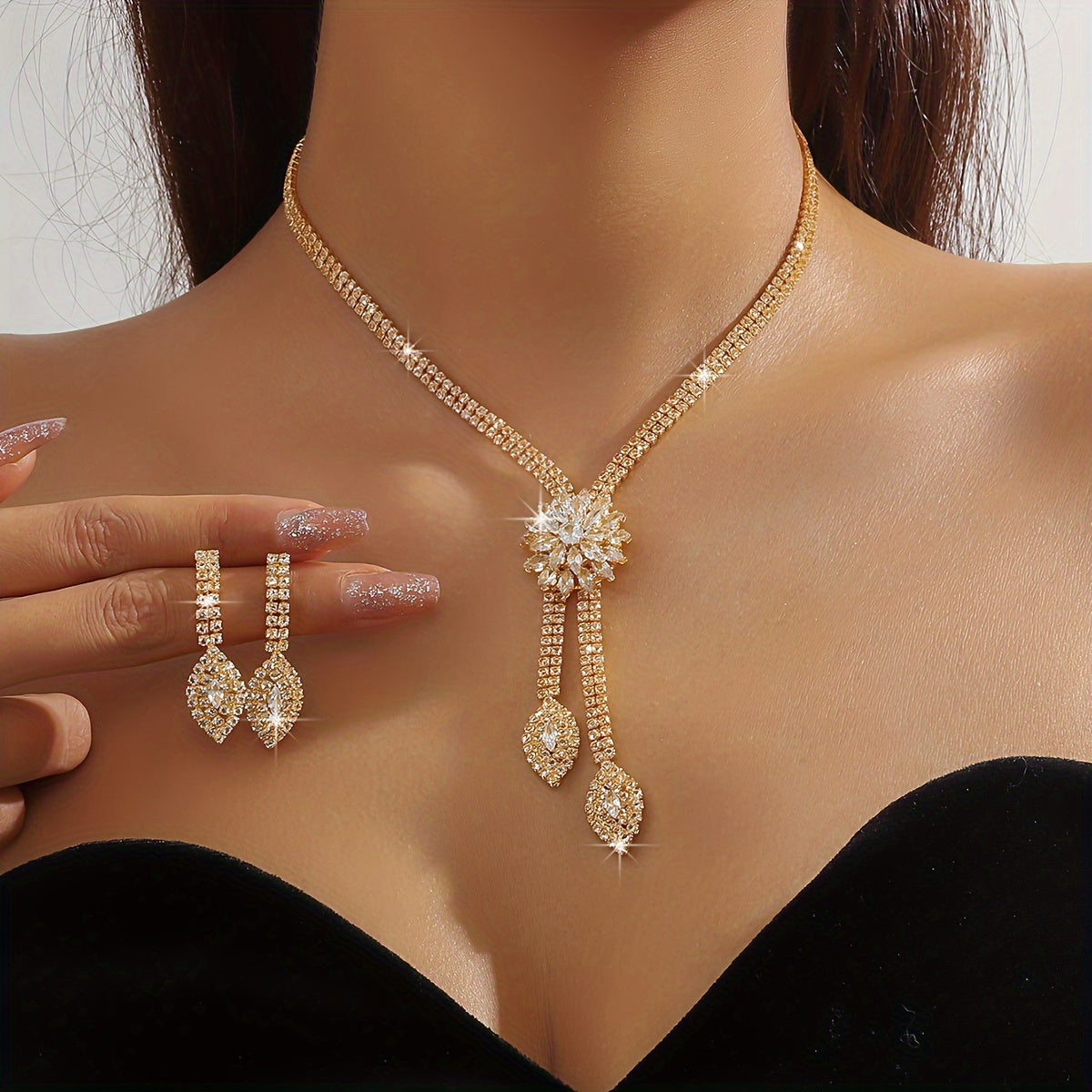 Imitation Zirconia Flower Jewelry Set Necklace Earrings Bracelet for Bridal or Special Occasion
