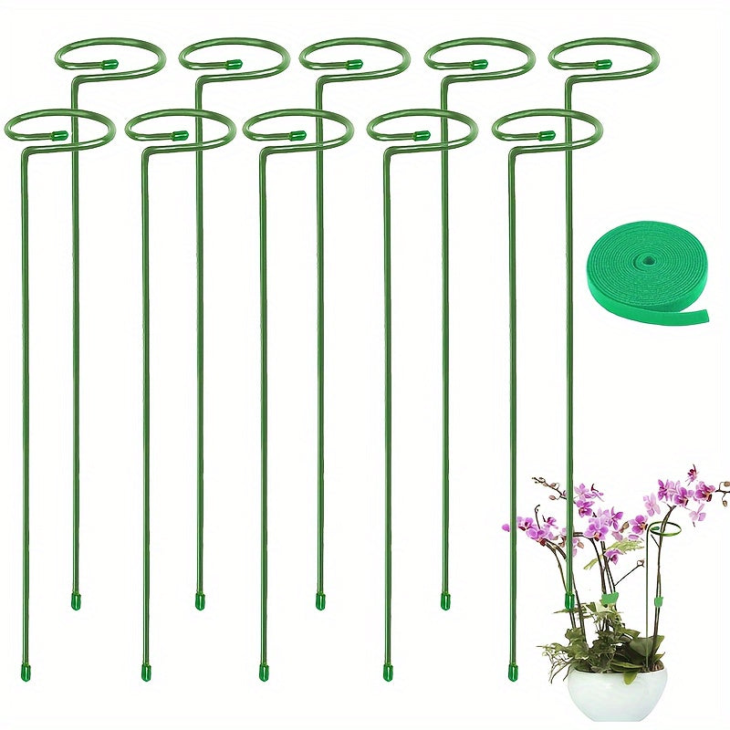 Metal Garden Plant Stakes Set of 5 or 10 for Supporting Single-Stem Flowers Green Steel Weather-Resistant