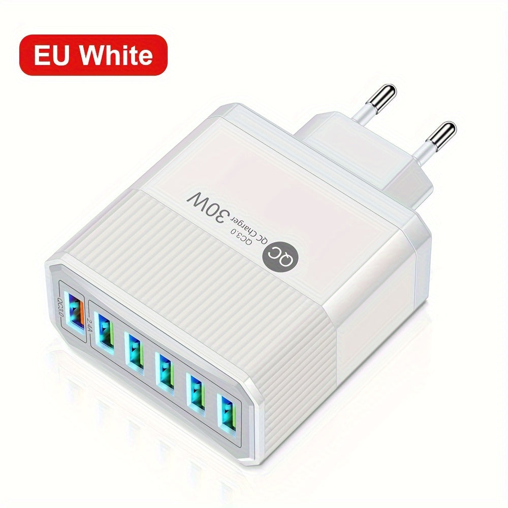 6-port USB devor zaryadkasi 30W tez zaryadlash QC 3.0 EU rozetkasi uchun mobil qurilmalar