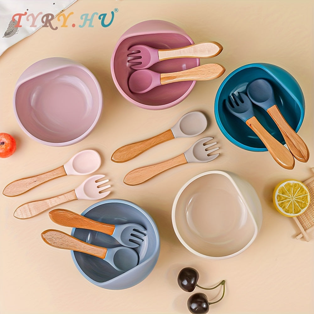 Baby Feeding Set Silicone Bowl Spoon Fork Suction BPA-Free Toddler Self-Feeding