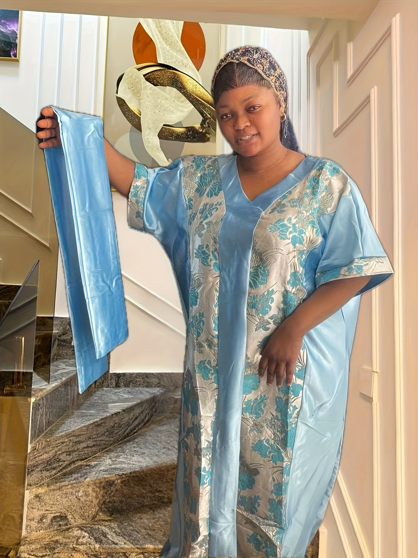 Vestido kimono de corte suelto para mujer con pañuelo para la cabeza, escote en V, patrones florales