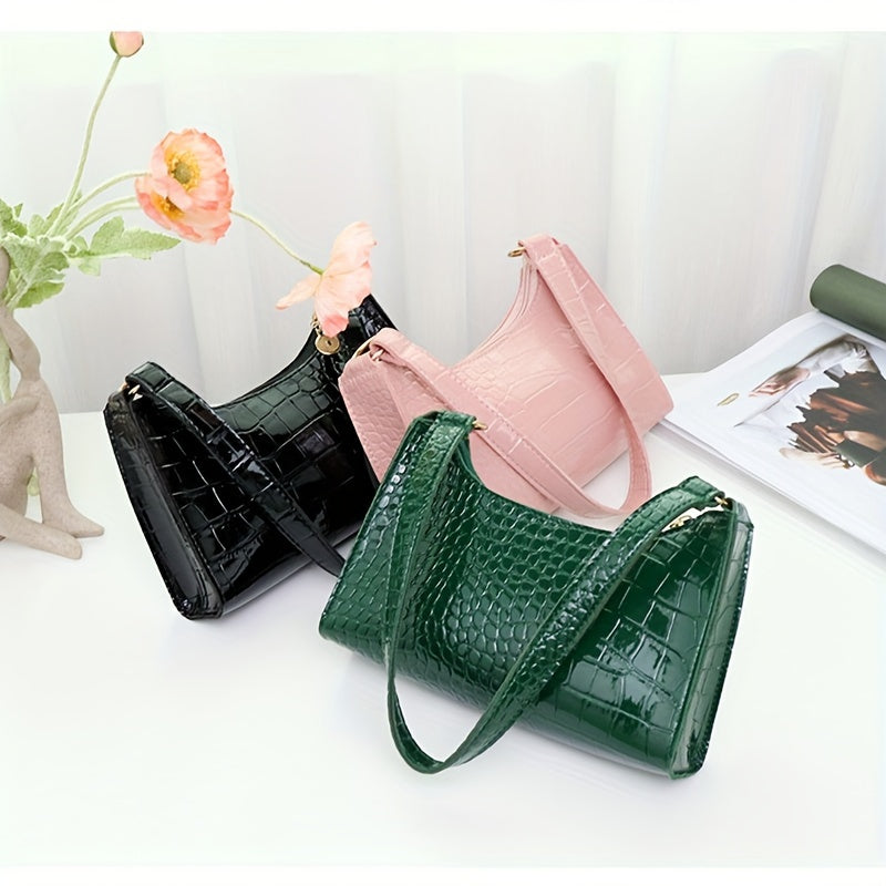 Women's Crocodile Pattern Shoulder Bag Synthetic Leather Zipper Closure Fixed Strap