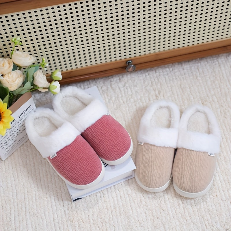 Unisex Fuzzy Slip-On Indoor House Slippers Warm Thick Plush Red Gray Beige