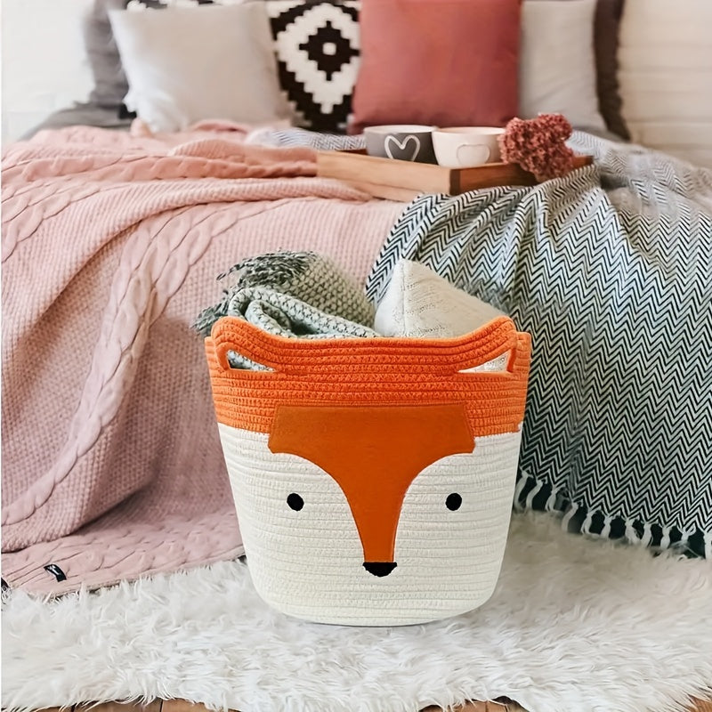 Large Cotton Rope Storage Basket for Clothes with Fox Design