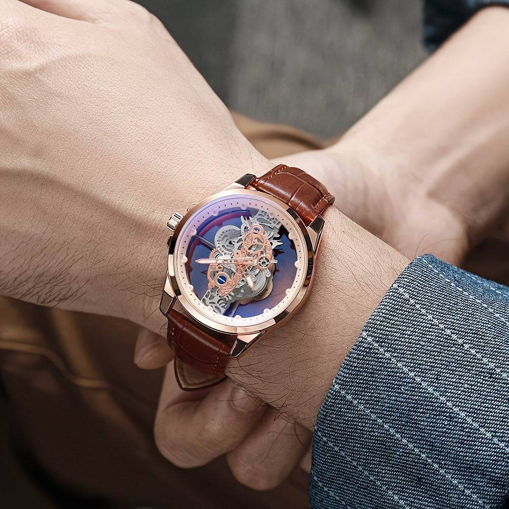 Men's Rose Gold Skeleton Quartz Watch with Luminous Hands Zinc Alloy Case Faux Leather Band