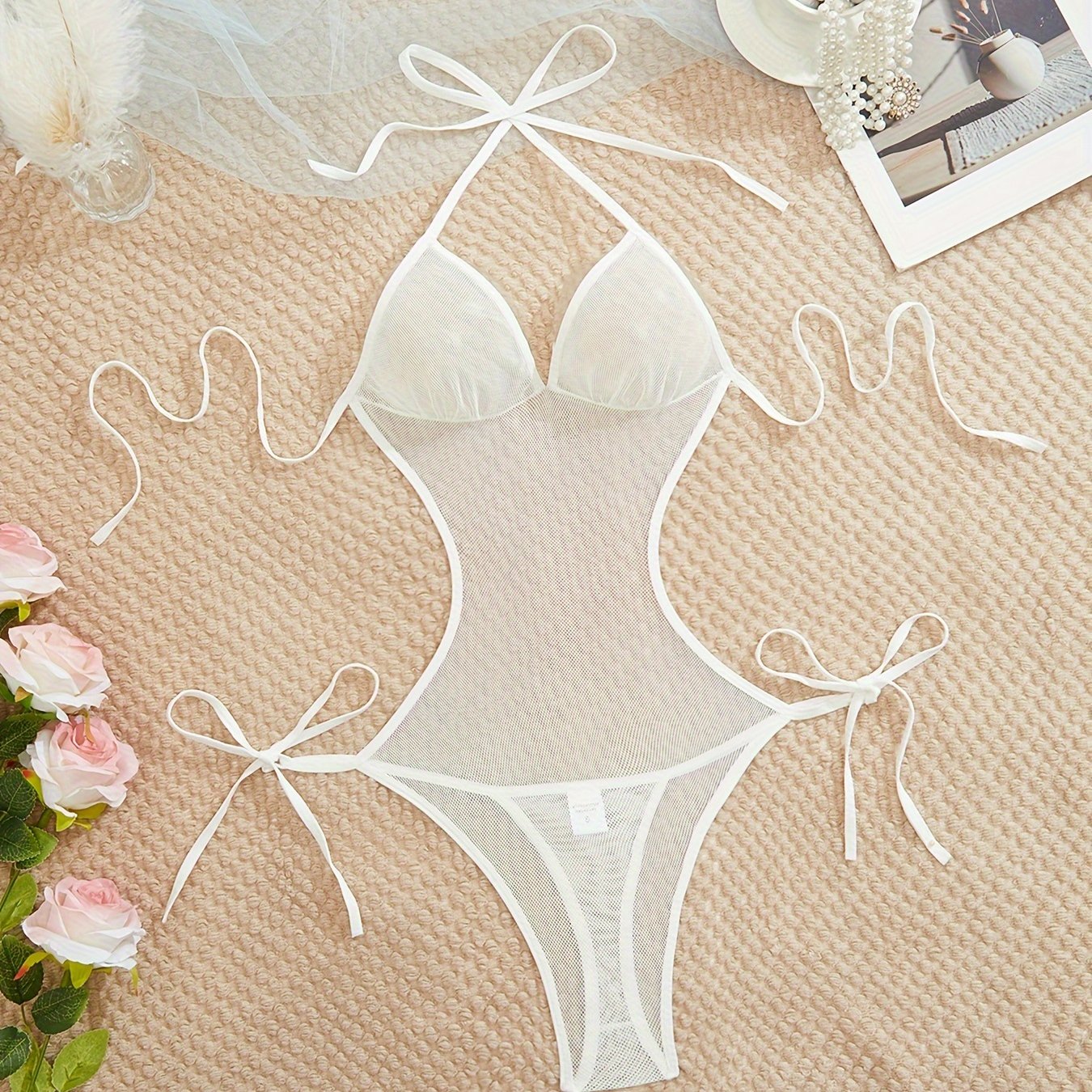 Women's Lace-Up Backless Bodysuit for Women Sexy Nightwear Black S M