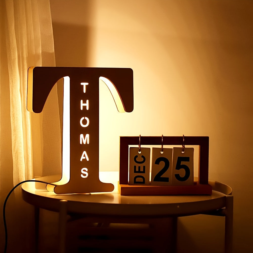 Luz nocturna de letras LED de madera personalizada para dormitorio, lámpara de pared personalizada, alimentada por USB
