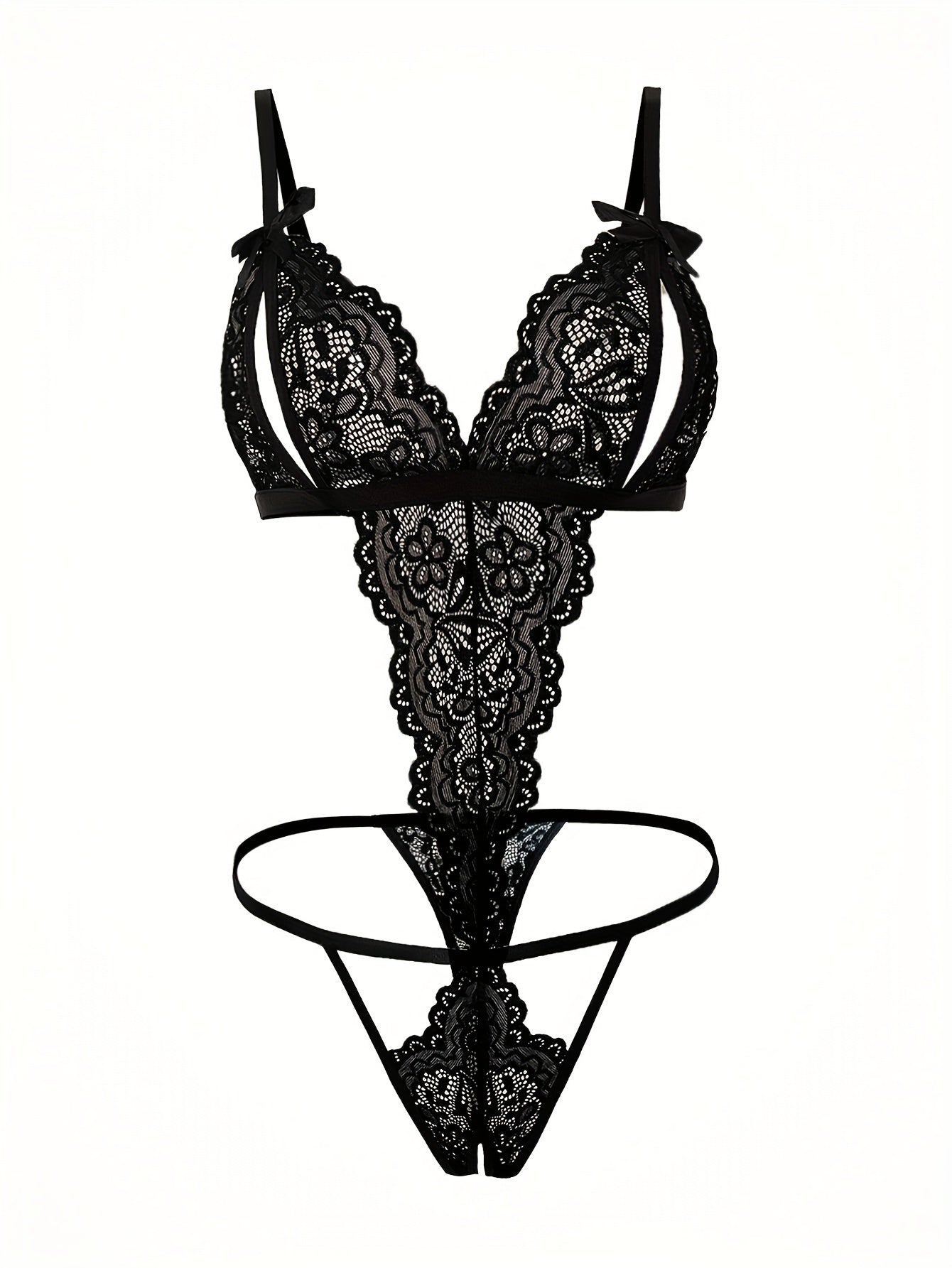 Backless Lace Bodysuit with Bow and Open Crotch Lingerie Set