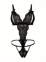 Backless Lace Bodysuit with Bow and Open Crotch Lingerie Set