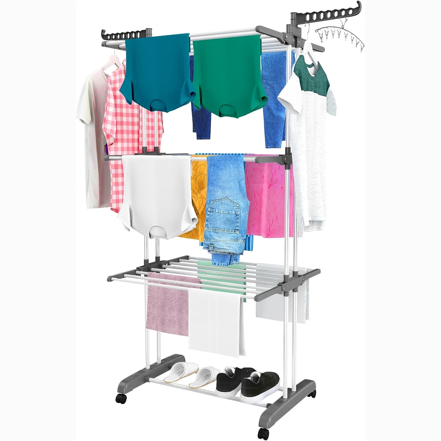 4-Tier Stainless Steel Clothes Drying Rack Foldable with Removable Hanger Indoor Outdoor