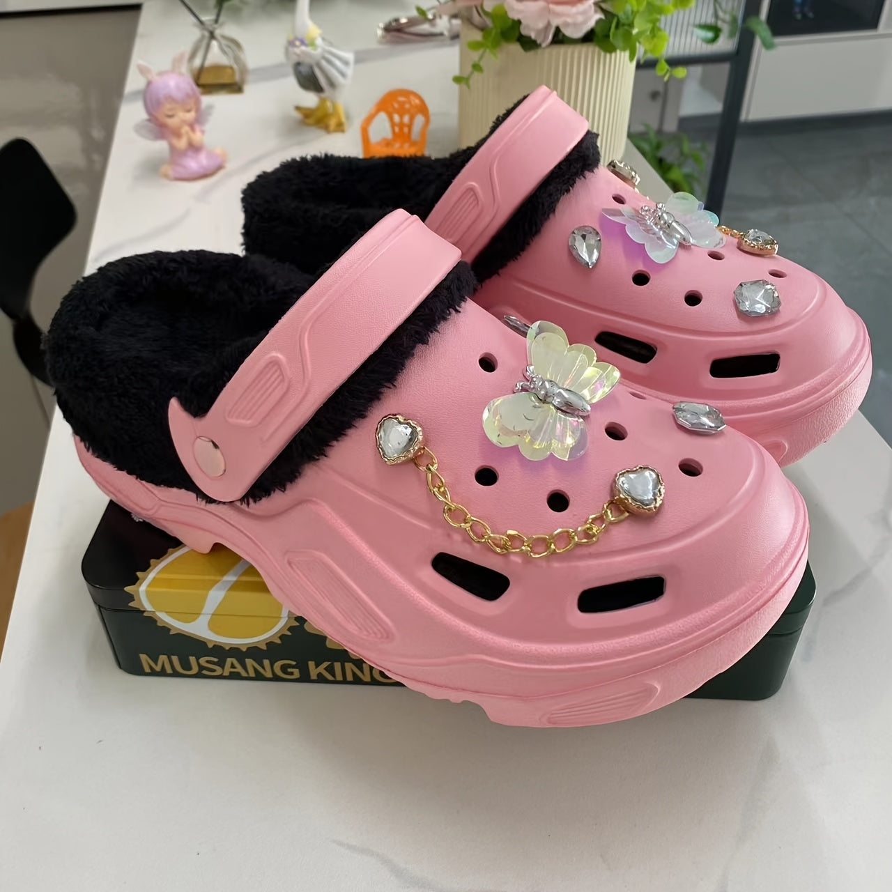 Women's Warm Plush Lined Shoes with Butterfly Heels and Bear Accessories